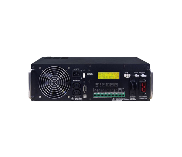 Front view of the rugged TC-2000HT industrial UPS, clearly showing the 4-line sunlight-readable LCD information display.