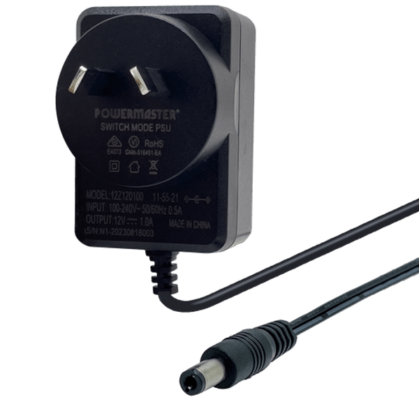 Side front view of the 12V 1A power adaptor showing the Australian pins and 2.1mm output plug.