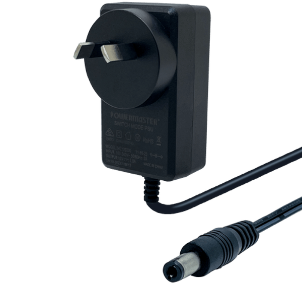 Side front view of the 6V 2A power adaptor showing the Australian pins and output plug.