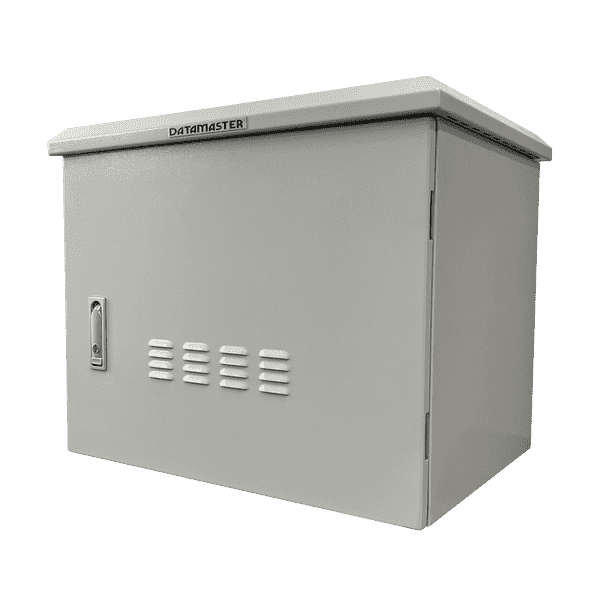 Side profile of the grey, weatherproof 6RU outdoor IP55 cabinet.