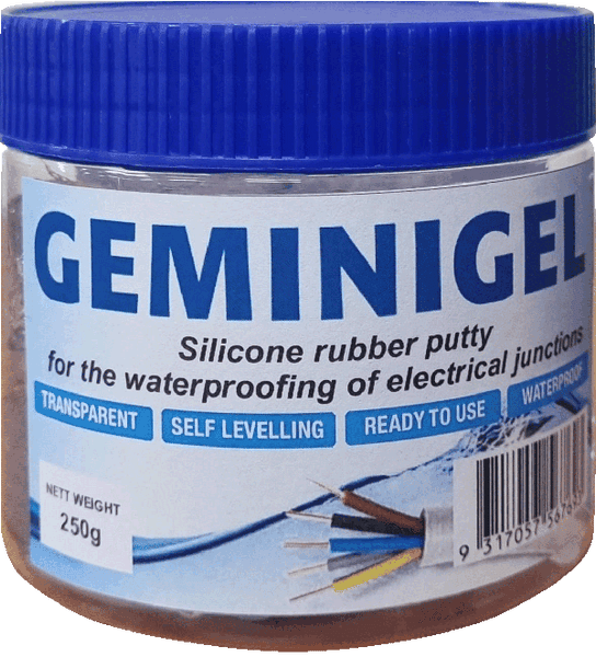 Front view of the 250g tub of reusable Gemini Gel for electrical insulation.