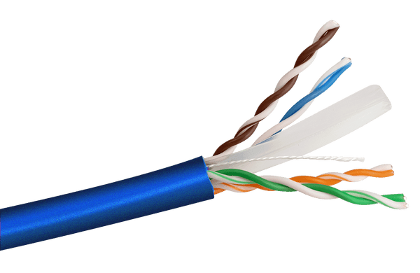 Close-up of the blue Datamaster Cat6 UTP cable showing the 23AWG 100% solid copper conductors.