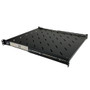 An 800mm deep vented sliding shelf shown in the fully closed position inside a server rack. An 800mm deep vented sliding shelf shown in the fully closed position inside a server rack.