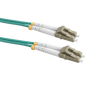 Close-up of Duplex LC connectors on a 2m OM4 aqua LSZH fibre optic patch cable. Close-up of Duplex LC connectors on a 2m OM4 aqua LSZH fibre optic patch cable.