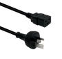 Side angle view of the 1-metre power cord, clearly showing the heavy-duty IEC-C19 connector and the 15A Australian mains plug with its large earth pin.