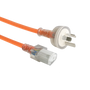 Side angled view of the 2-metre orange medical-grade power cord, showing the transparent IEC-C13 and Australian mains plug ends. Side angled view of the 2-metre orange medical-grade power cord, showing the transparent IEC-C13 and Australian mains plug ends.