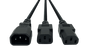 Front view of the dual power splitter Y-cord, showing the IEC-C14 input plug and the two IEC-C13 output sockets. Front view of the dual power splitter Y-cord, showing the IEC-C14 input plug and the two IEC-C13 output sockets.