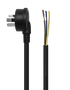 Top-down side view of the 2-metre power cord, showing the round, right-angle Australian mains plug and the blunt cut end. Top-down side view of the 2-metre power cord, showing the round, right-angle Australian mains plug and the blunt cut end.