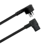 Side angle view showing the right-angle Australian mains plug and the right-angle IEC-C13 connector.
