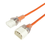 Side angled view of the 3-metre orange medical-grade power jumper cord, showing the transparent IEC-C13 and IEC-C14 ends.