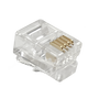 A close-up view of the underside of an RJ11 4P4C modular plug, showing the gold-plated contacts.
