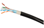 Detailed close-up of the Cat6 underground cable's construction, showing the gel-filling, foil shield, drain wire, separator, and solid copper conductors.
