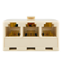 Front view of the RJ11 triple adaptor, clearly showing the three female telephone sockets. Front view of the RJ11 triple adaptor, clearly showing the three female telephone sockets.