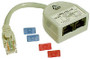 A side view of the Cat5e Voice/Voice Y-Splitter, showing the single RJ45 input plug and the dual RJ45 output sockets. A side view of the Cat5e Voice/Voice Y-Splitter, showing the single RJ45 input plug and the dual RJ45 output sockets.