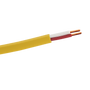 A close-up of the yellow heavy-duty intercom cable, showing the two internal solid copper conductors with their PE insulation. A close-up of the yellow heavy-duty intercom cable, showing the two internal solid copper conductors with their PE insulation.