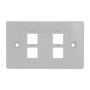 A direct front-on view of the 4-port keystone flush plate, showing the four unloaded keystone cutouts. A direct front-on view of the 4-port keystone flush plate, showing the four unloaded keystone cutouts.