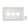 A top-down view of the 3-port Australian flush wall plate, showing the three cutouts and mounting screws.
