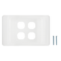 A top-down view of the 4-port Australian flush wall plate, showing the four cutouts and mounting screws. A top-down view of the 4-port Australian flush wall plate, showing the four cutouts and mounting screws.