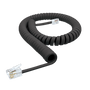 An alternative side view of the coiled black handset cord, showing the long tails.