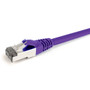 Close-up side view of the shielded RJ45 connector and Purple LSZH jacket on a 1.5m Datamaster Cat6a S/FTP patch cable.
