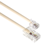 A side angle view of the 7-metre ivory telephone line cord, showing the RJ11 plug and RJ45 plug at each end. A side angle view of the 7-metre ivory telephone line cord, showing the RJ11 plug and RJ45 plug at each end.