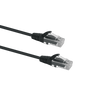 Profile view of the snagless boot on a 0.25m Black Datamaster slim Cat6 patch cable, highlighting its ultra-thin design.