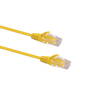 Profile view of the snagless boot on a 1.5m Yellow Datamaster slim Cat6 patch cable, highlighting its ultra-thin design.