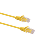Profile view of the snagless boot on a 1m Yellow Datamaster slim Cat6 patch cable, highlighting its ultra-thin design.