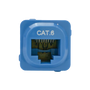 A top-down view of the blue Cat6 data jack. A top-down view of the blue Cat6 data jack.