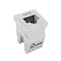 An upright side view of the white Cat6 data jack showing its height.