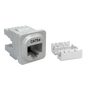 A side profile of the white Cat5e IDC data jack, showing the termination block cover.