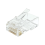 A top-down angled view of the transparent 2-piece Cat6 RJ45 plug, showing the locking tab.