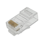 An angled close-up view of the 2-piece Cat6 RJ45 plug, displaying the gold-plated contacts on the underside.