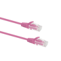 Profile view of the snagless boot on a 0.5m Pink Datamaster slim Cat6 patch cable, highlighting its ultra-thin design. Profile view of the snagless boot on a 0.5m Pink Datamaster slim Cat6 patch cable, highlighting its ultra-thin design.