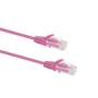 Profile view of the snagless boot on a 3m Pink Datamaster slim Cat6 patch cable, highlighting its ultra-thin design.