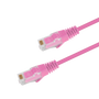 Underside view of the RJ45 connector on a 5m Pink slim Cat6 cable, showing the flexible, protected locking tab.