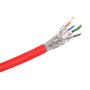 A side view close-up showing the premium construction of the Cat6a S/FTP cable, with its overall braid, foil-wrapped pairs, and red LSZH jacket. A side view close-up showing the premium construction of the Cat6a S/FTP cable, with its overall braid, foil-wrapped pairs, and red LSZH jacket.