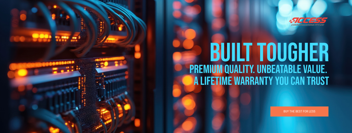 Close up of professional data rack installation featuring organised Ethernet cabling and premium enclosures