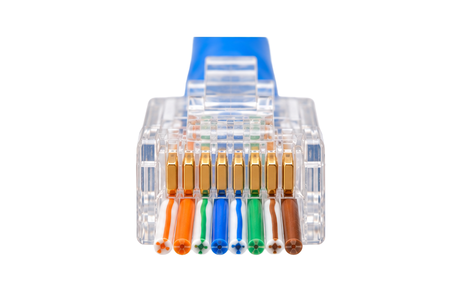 Cat6 pass-through plug with conductor tips visible through the front for verification