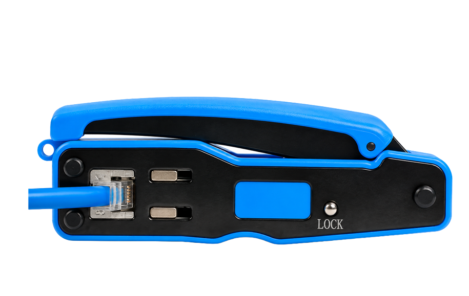 Crimp tool closing onto a Cat6 pass-through plug