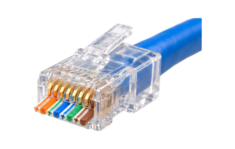 Finished Cat6 pass-through plug with wire tips trimmed flush