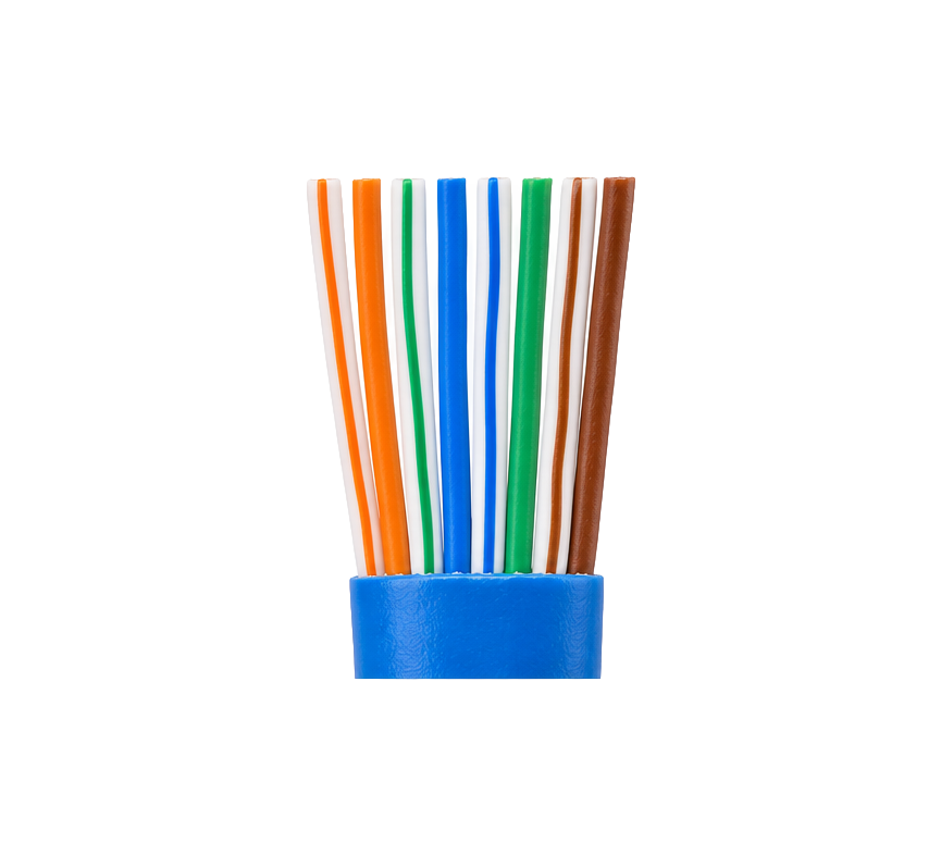 Stripped Cat6 cable with 8 conductors arranged in T568B order for a load bar plug