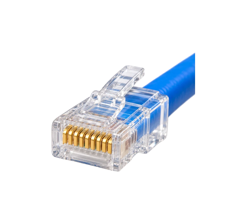 Finished, crimped Cat6 load bar plug with no wire visible past the contacts