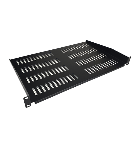A black, 300mm deep cantilever shelf designed for front-mounting non-rackable equipment in a server rack.