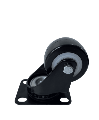 A side profile of a single black caster wheel designed for Datamaster C1100 series wall mount cabinets.
