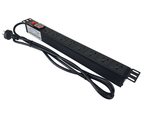 Side angle view of a black 19-inch rack-mountable 8-way power distribution unit with Australian 10A outlets.