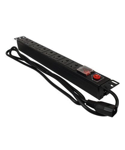 Side profile of the 19-inch rack-mountable power distribution unit.