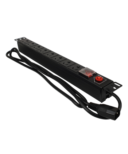Side profile of the 19-inch rack-mountable power distribution unit.