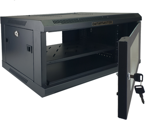 The 4RU wall mount network cabinet with its door open, showing the internal 19-inch mounting rails.