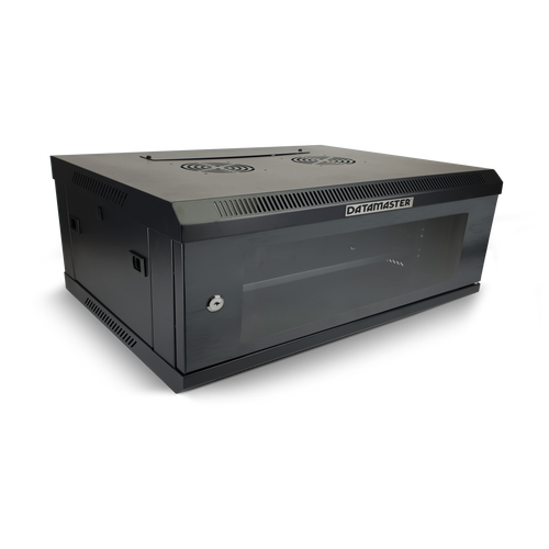 Front view of the 4RU wall mount network cabinet with its tinted perspex door closed.